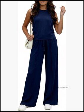 Stretchy Ribbed Knit Two Piece Lounge Set with Tube Top and Wide Leg Pants